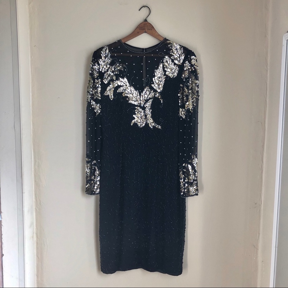 Vtg 80s Niteline Sheer Sequin Cocktail Dress